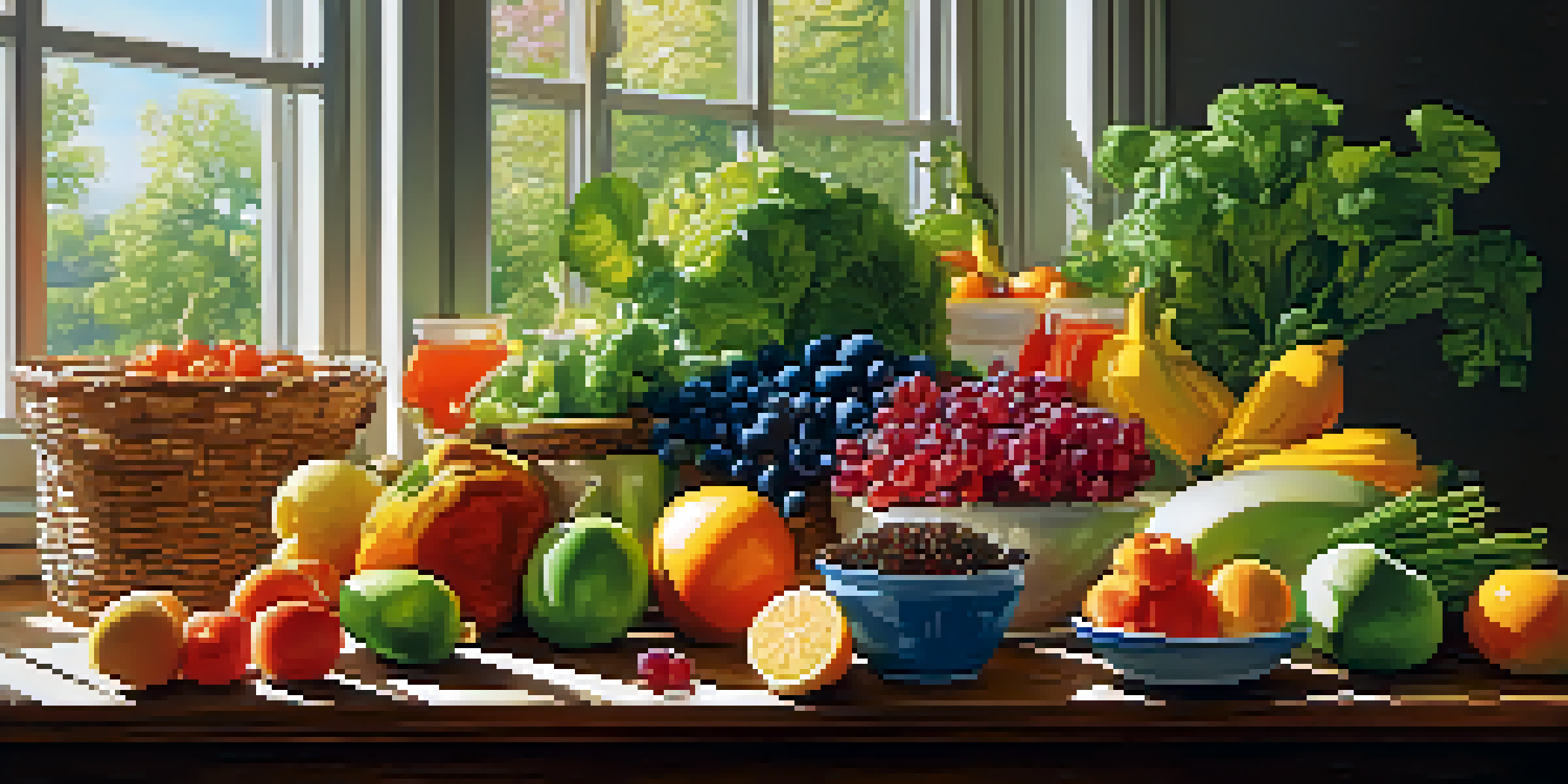 A colorful assortment of healthy foods displayed on a wooden table, illuminated by sunlight.