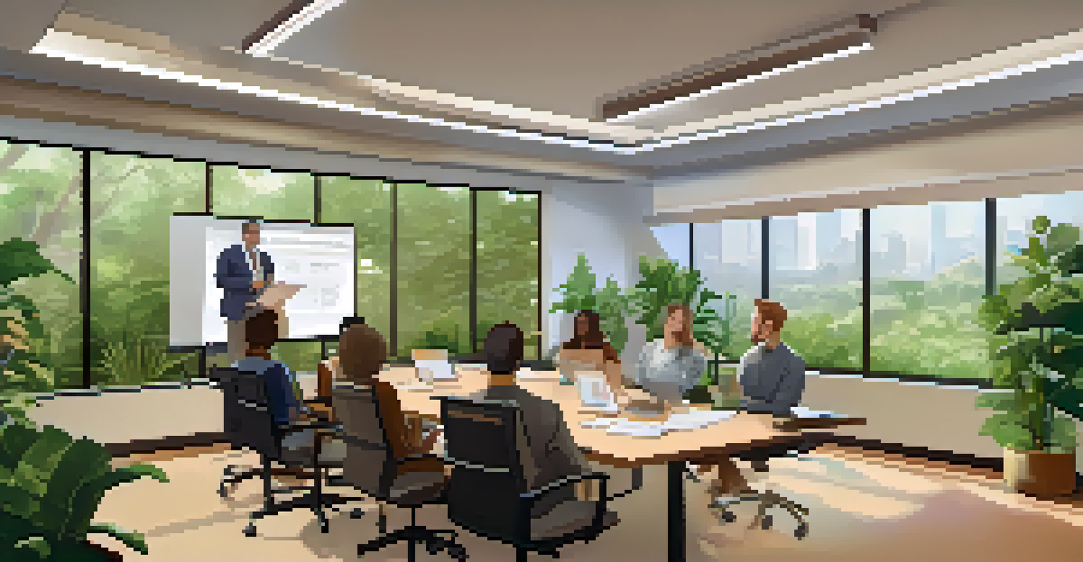 A conference room filled with engaged employees discussing sustainability practices, surrounded by plants.