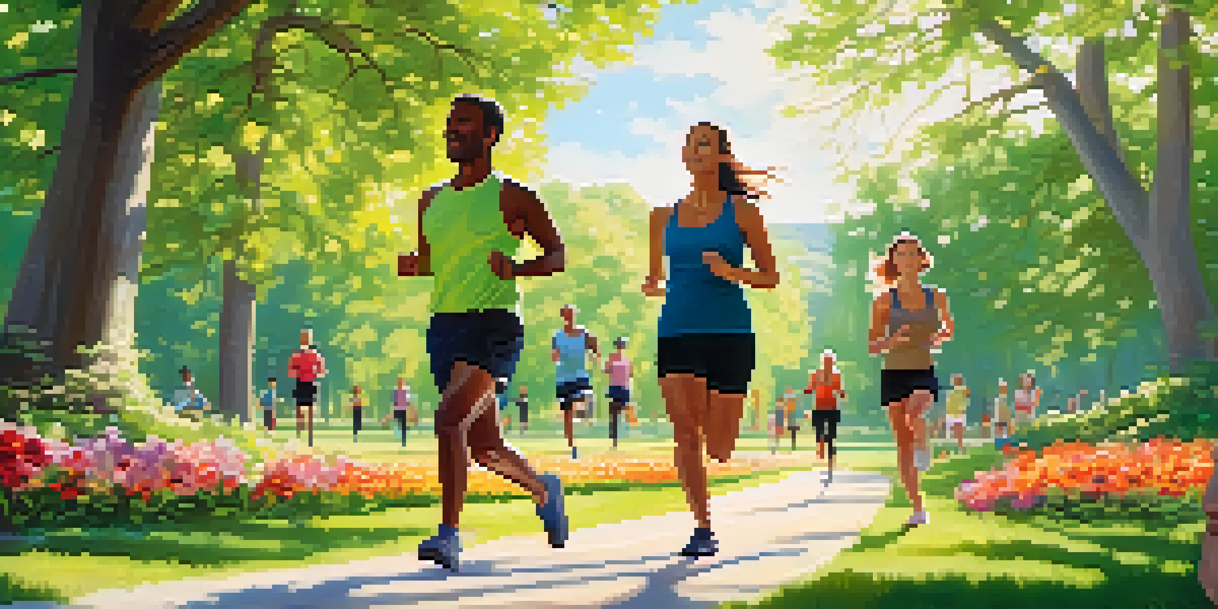 A diverse group of people exercising in a sunny park, surrounded by trees and flowers.