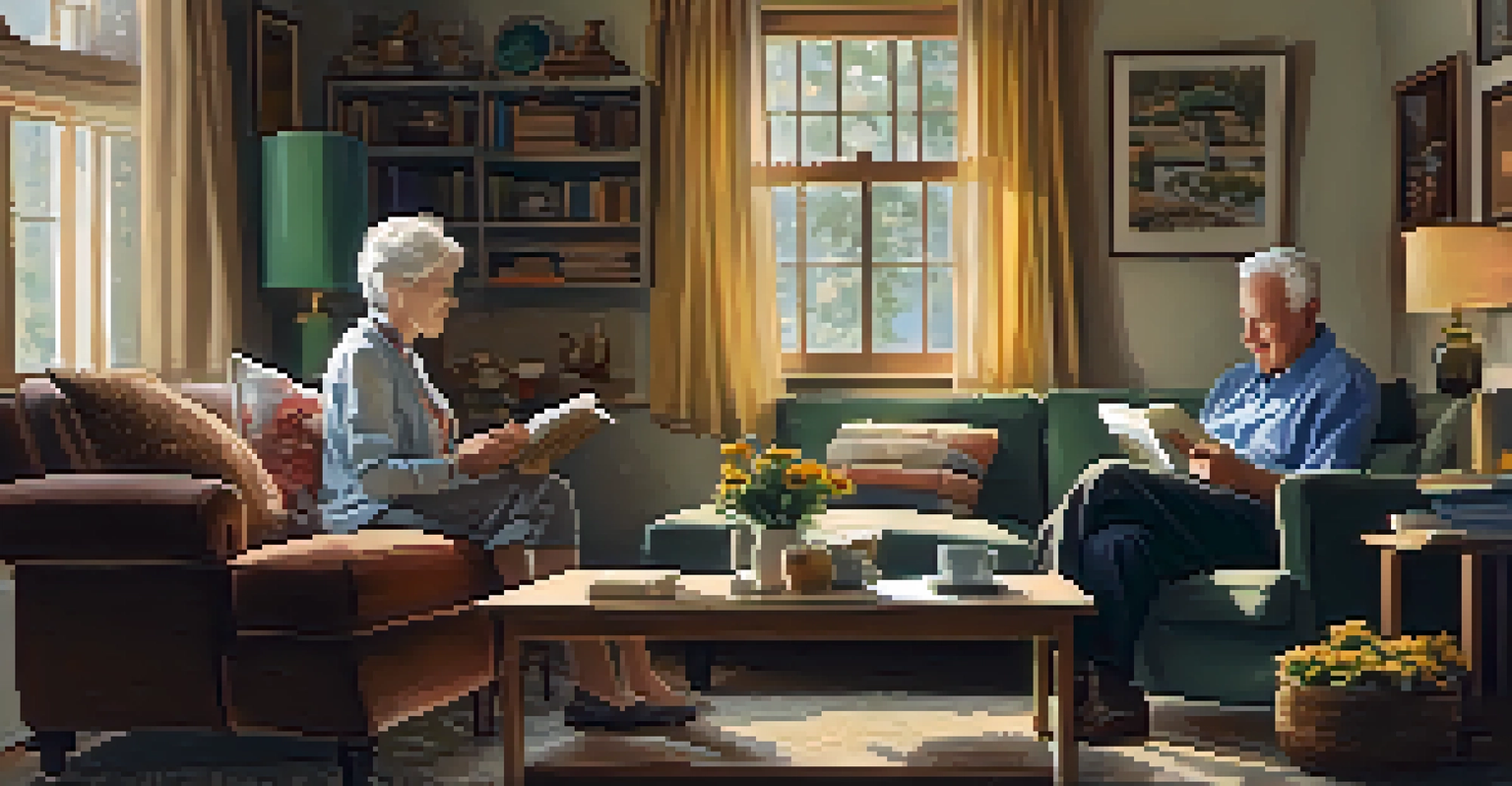 An older couple in a cozy living room, reading books and having tea, surrounded by a warm and inviting atmosphere.