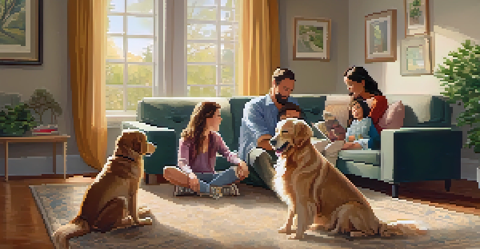 A family of four sitting in a circle during a therapy session, with a golden retriever lying in the center, surrounded by warm natural light and family photos on the walls.