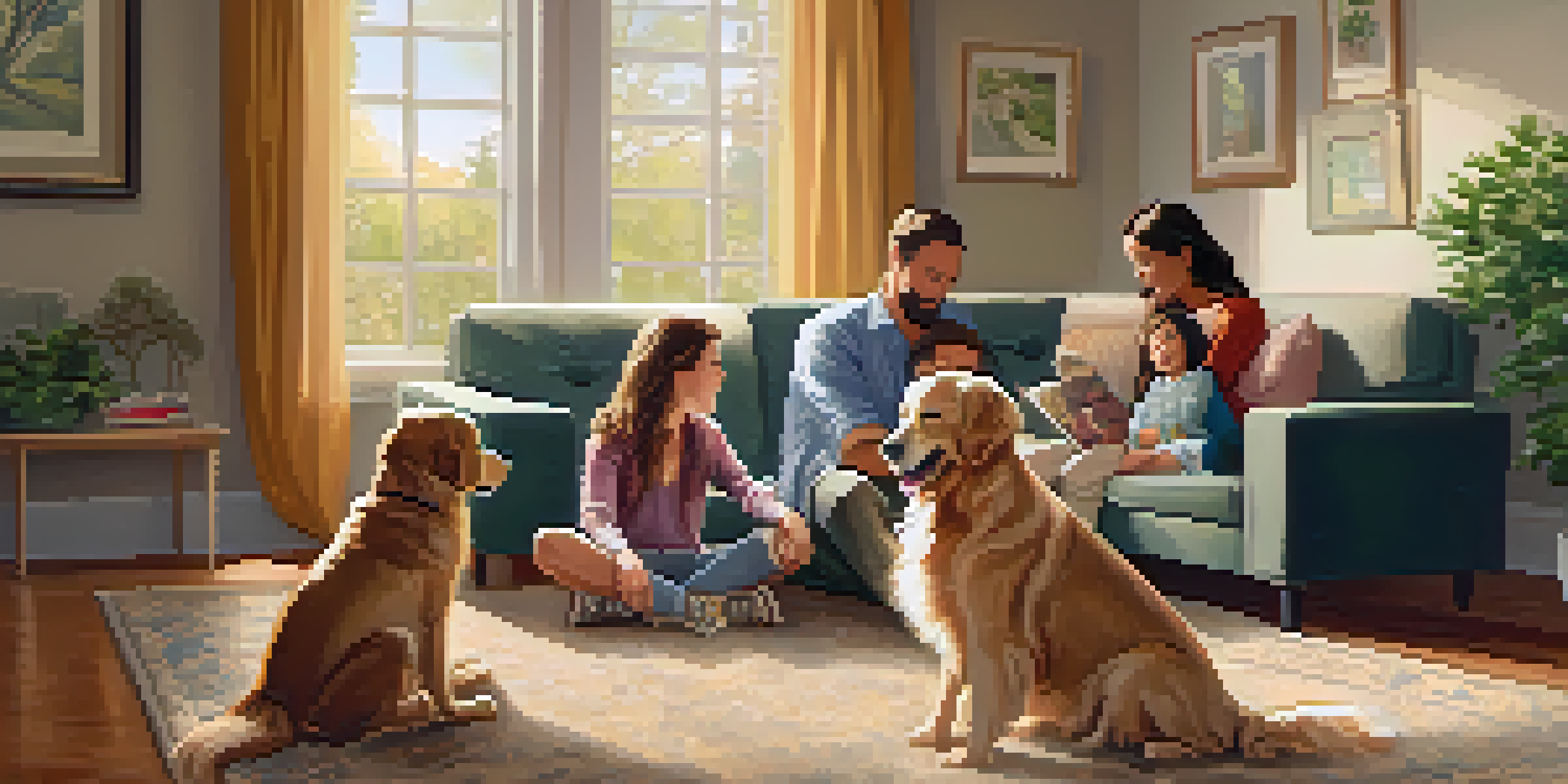 A family of four sitting in a circle during a therapy session, with a golden retriever lying in the center, surrounded by warm natural light and family photos on the walls.