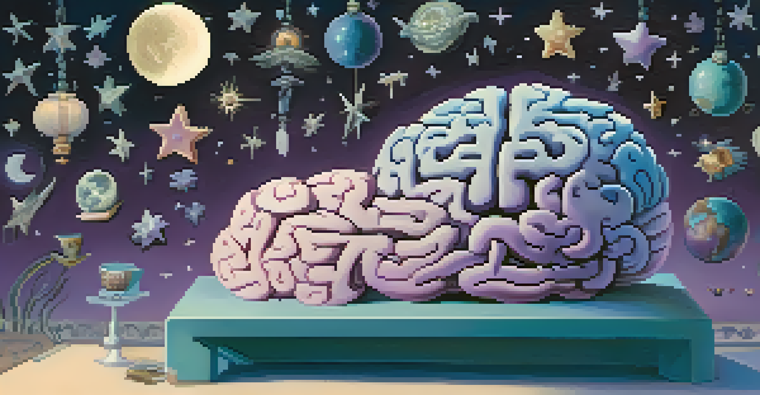 A creative depiction of a brain with symbols of sleep, like a moon and stars, against a soothing blue and purple gradient, highlighting the significance of sleep for emotional health.