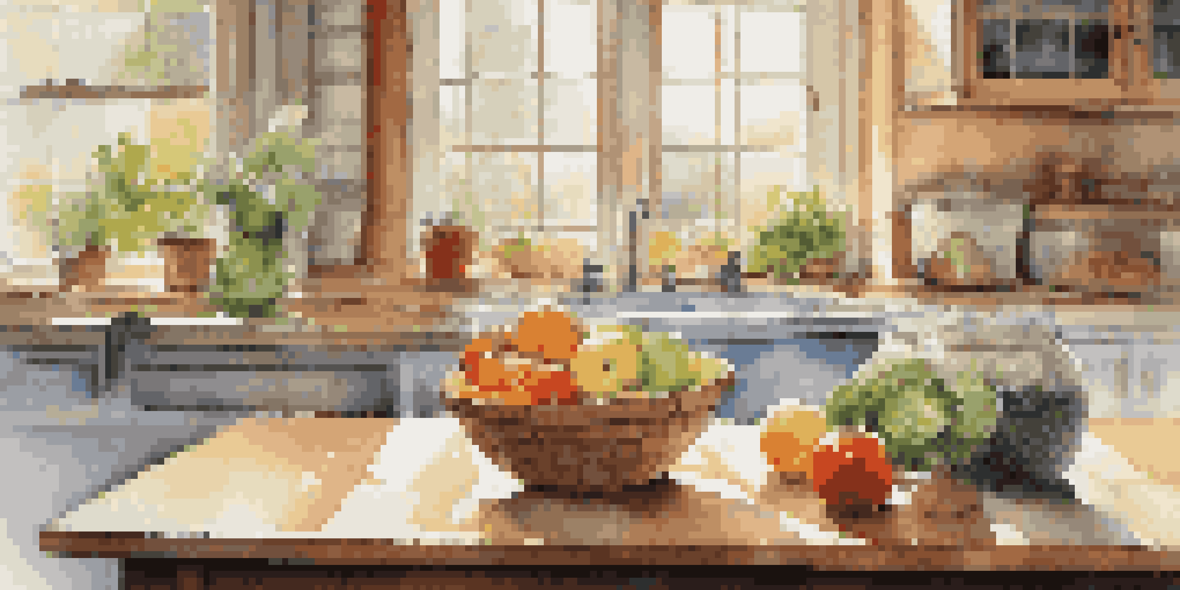 A bright kitchen with a wooden table showcasing fresh fruits, vegetables, yogurt, and sauerkraut, bathed in soft natural light.