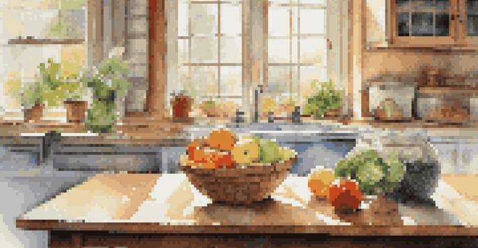 A bright kitchen with a wooden table showcasing fresh fruits, vegetables, yogurt, and sauerkraut, bathed in soft natural light.