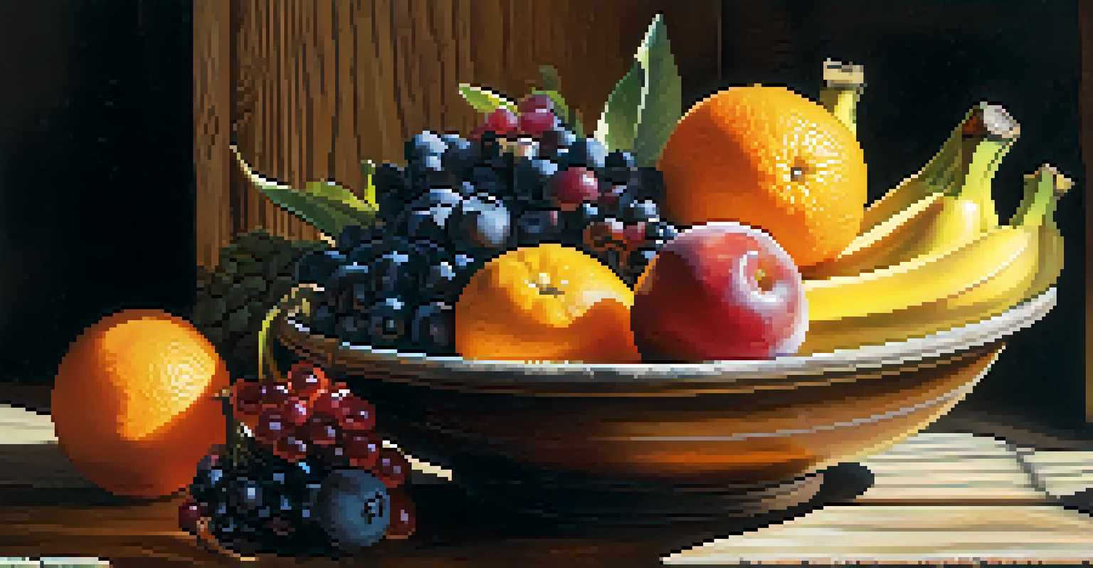 A close-up view of a bowl filled with various fresh fruits including berries, oranges, and bananas on a rustic wooden table, illuminated by sunlight.