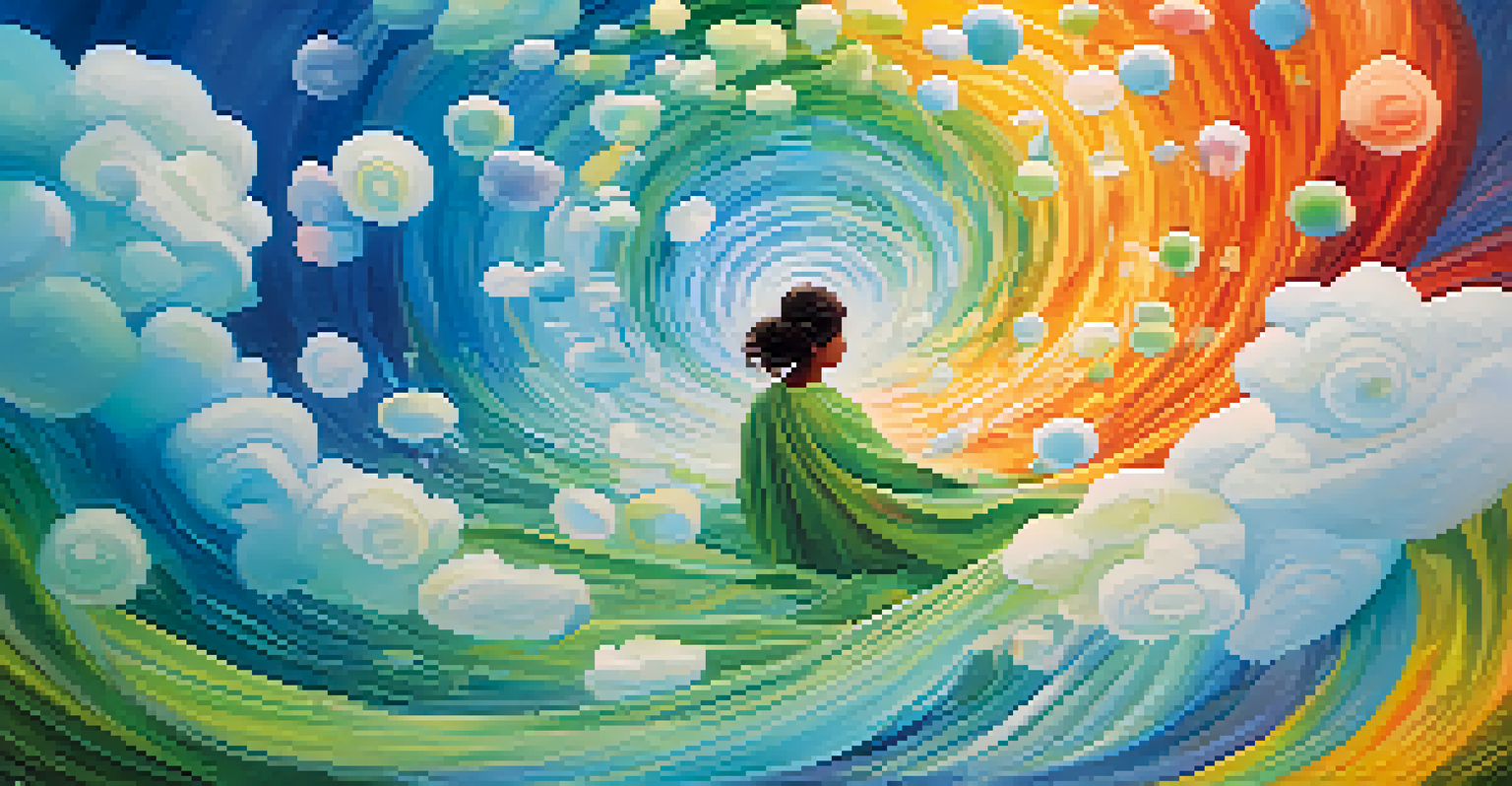 An abstract depiction of colorful affirmations swirling in a peaceful background.