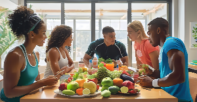 A diverse group of athletes in a nutrition workshop discussing healthy foods, with colorful fruits and vegetables on a table and bright natural light in the room.