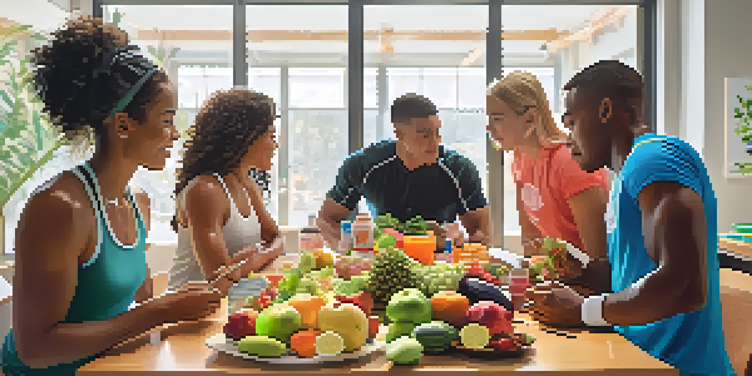 A diverse group of athletes in a nutrition workshop discussing healthy foods, with colorful fruits and vegetables on a table and bright natural light in the room.