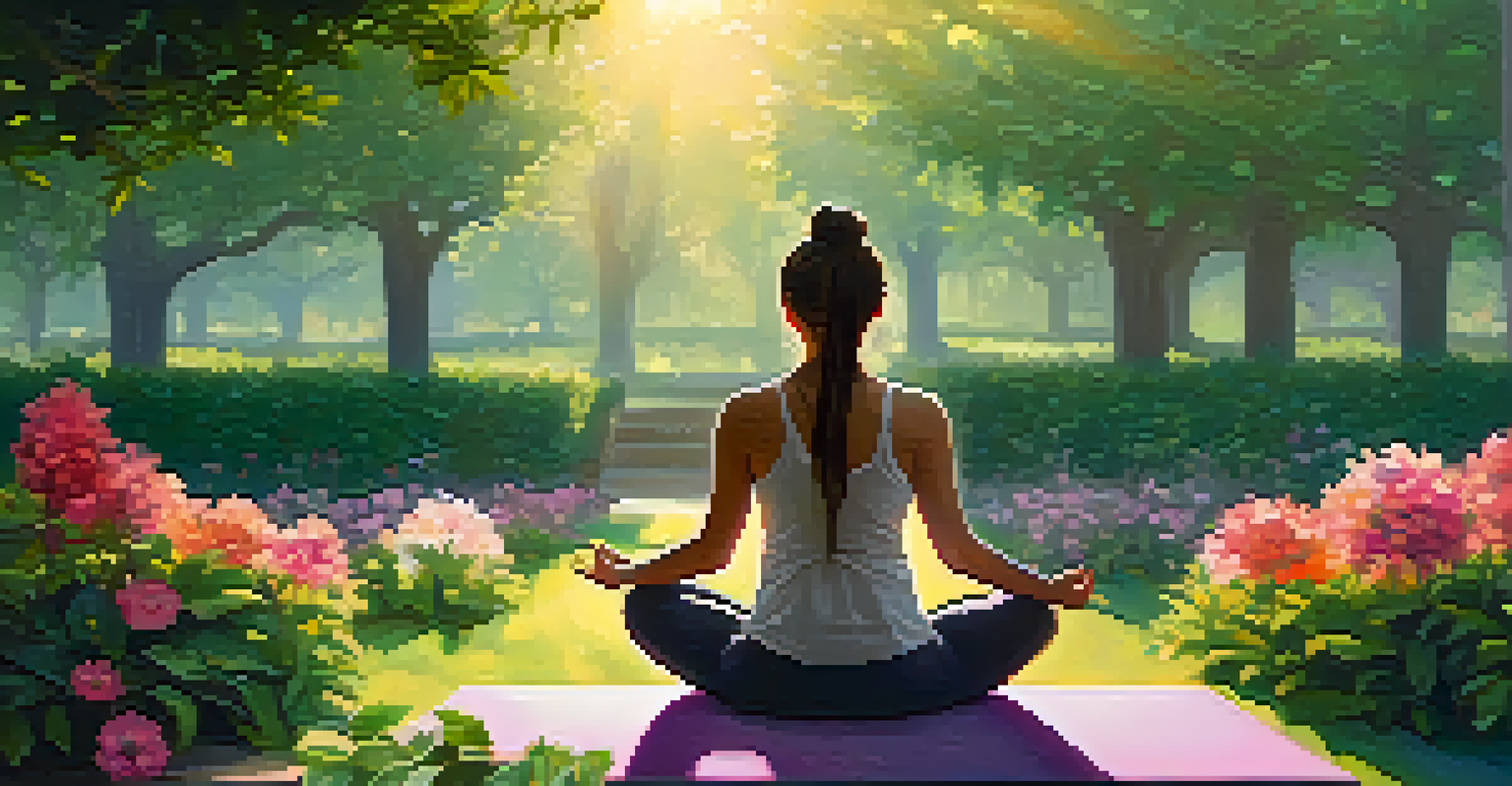 A person meditating in a park during sunrise, sitting cross-legged on a yoga mat surrounded by greenery and flowers, symbolizing balance and clarity.