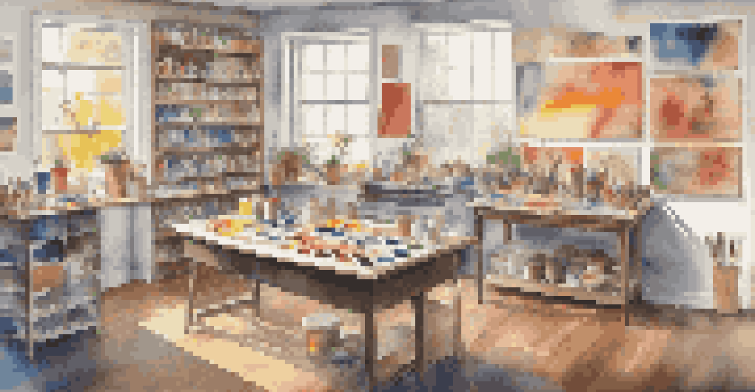 An art therapy studio with art supplies and colorful artworks on the walls, featuring a person painting an abstract piece.