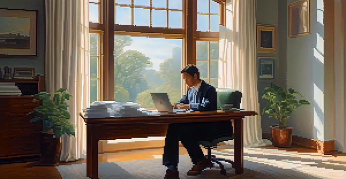 A person at a desk with financial documents and a laptop, looking out a window at a calming nature view, with soft morning light illuminating the scene.