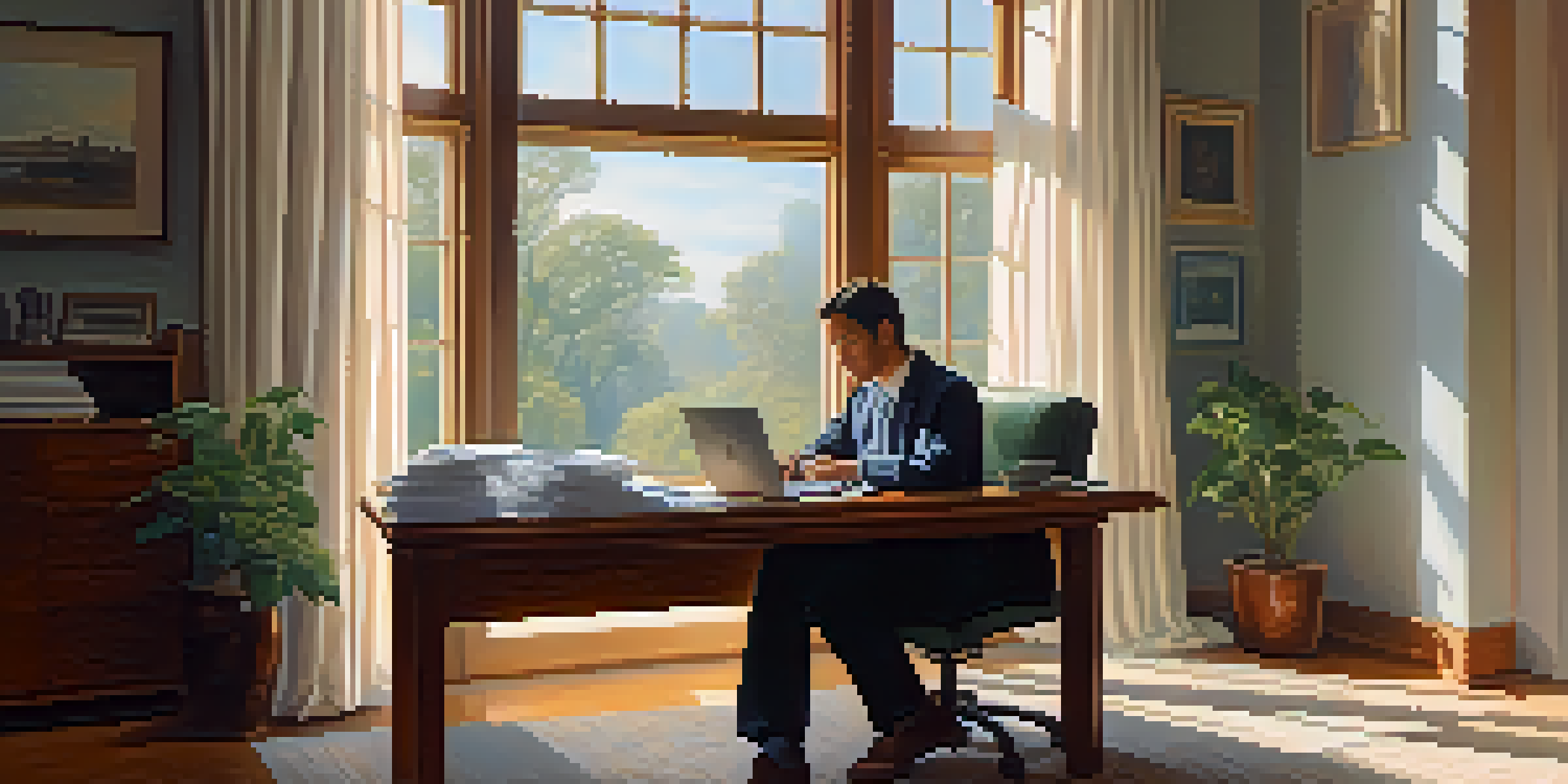 A person at a desk with financial documents and a laptop, looking out a window at a calming nature view, with soft morning light illuminating the scene.