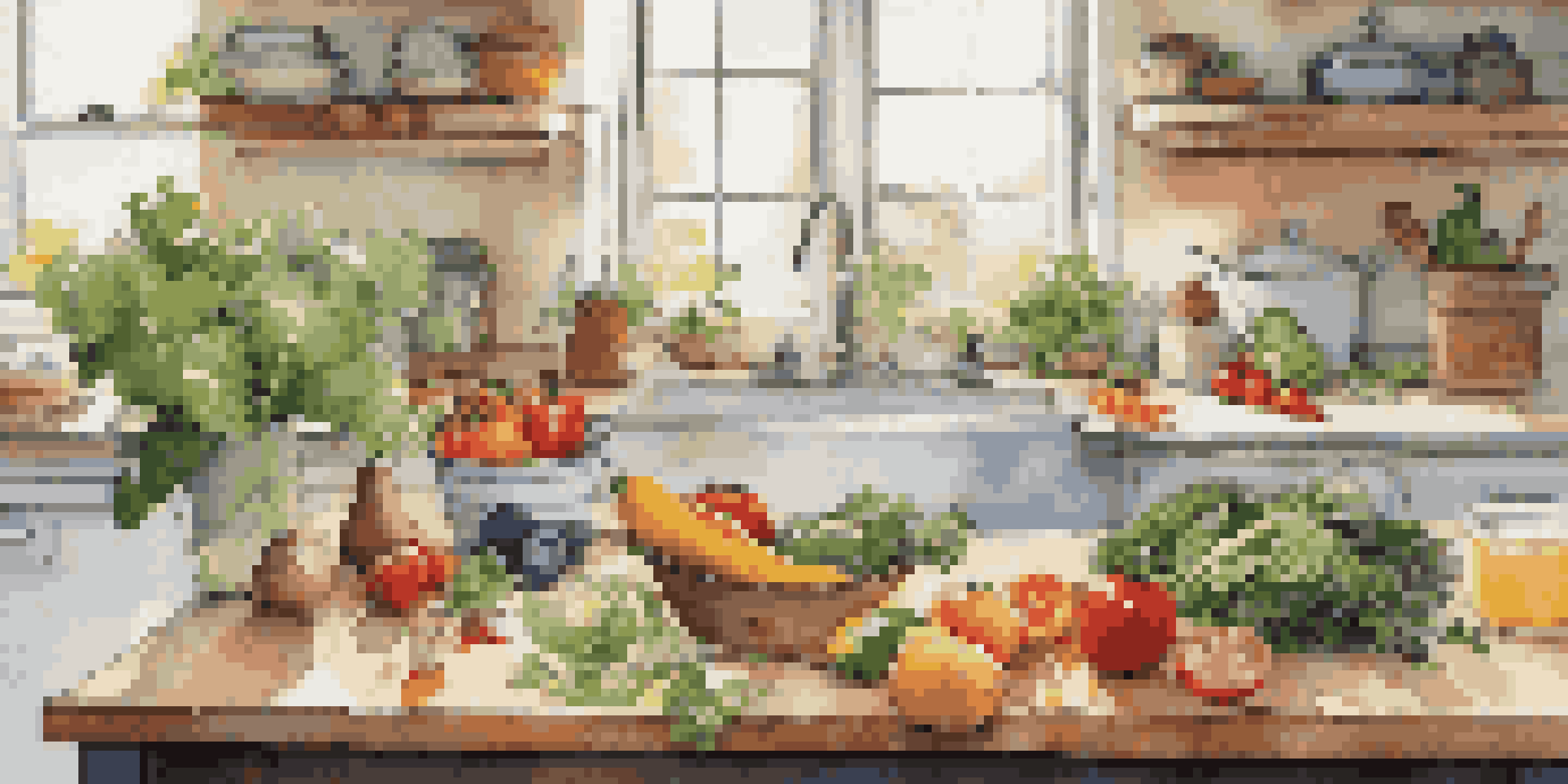 A kitchen countertop displaying fresh vegetables, fruits, grains, and herbs with a cookbook open, showcasing healthy cooking.