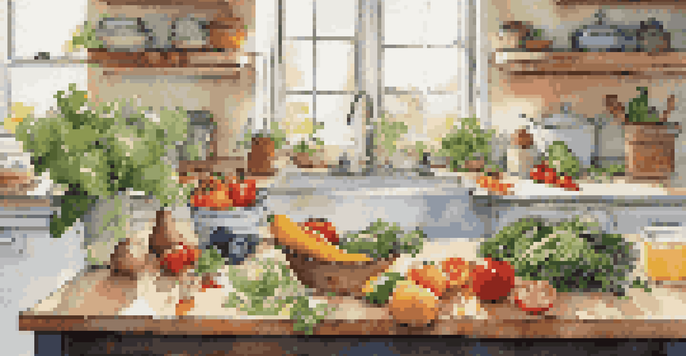 A kitchen countertop displaying fresh vegetables, fruits, grains, and herbs with a cookbook open, showcasing healthy cooking.