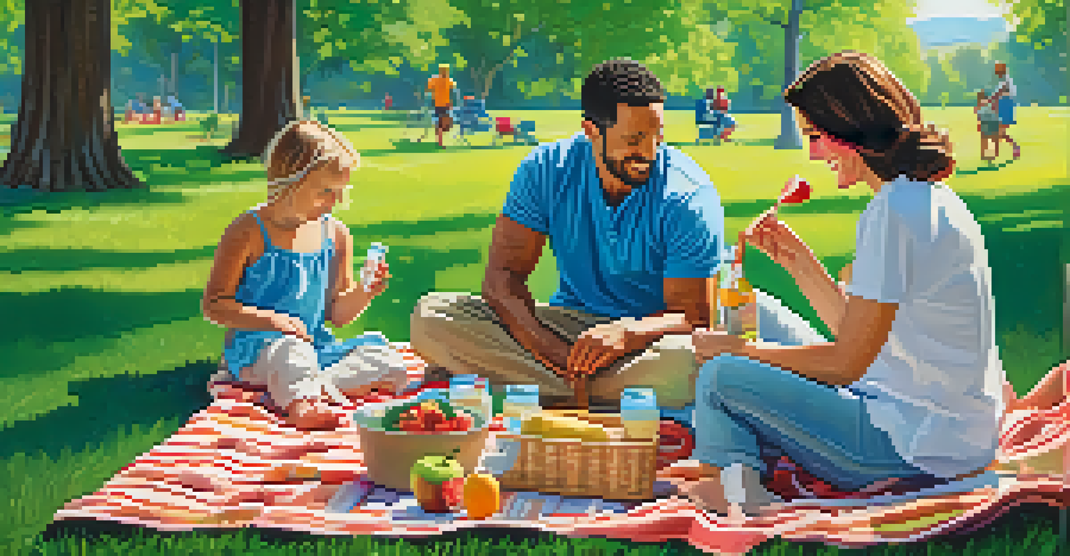 A family having a picnic in a park, with parents preparing healthy snacks and their toddler playing nearby, surrounded by a vibrant outdoor setting.