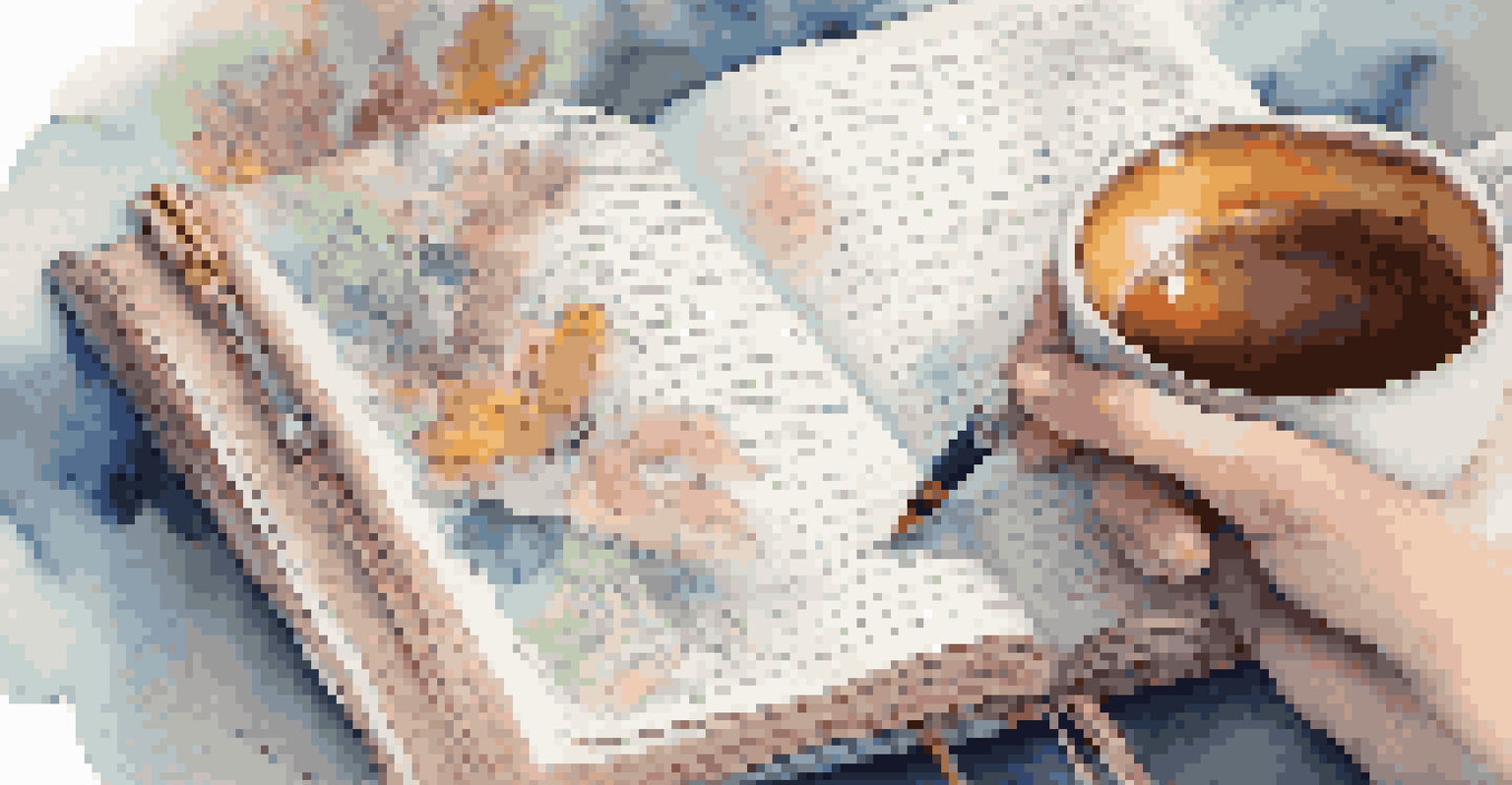 A close-up of a hand writing in a decorated journal with a cup of tea nearby.