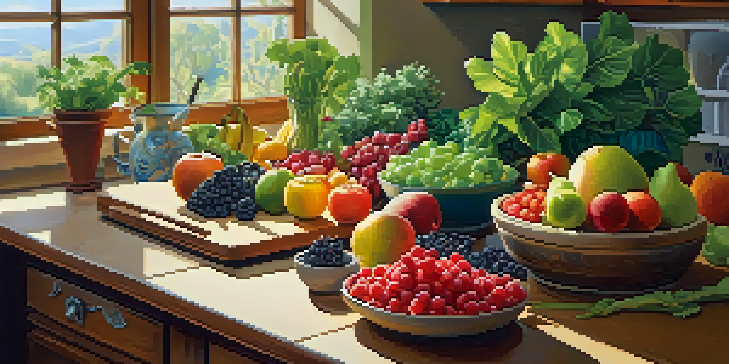 A bright kitchen with colorful fruits and vegetables on a wooden countertop, sunlight pouring in from a window.