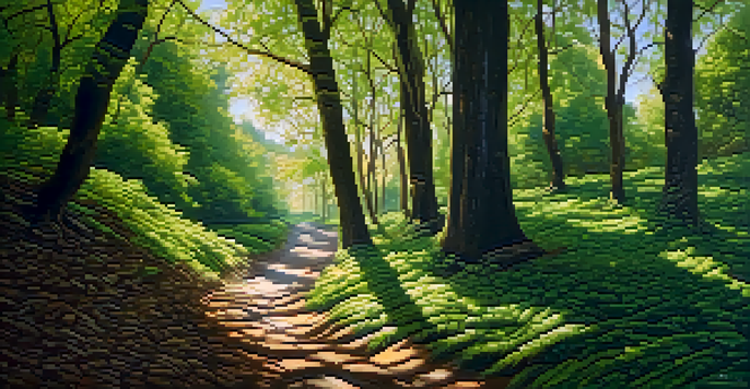 A winding path in a green forest with sunlight filtering through leaves, featuring a person walking, representing resilience.