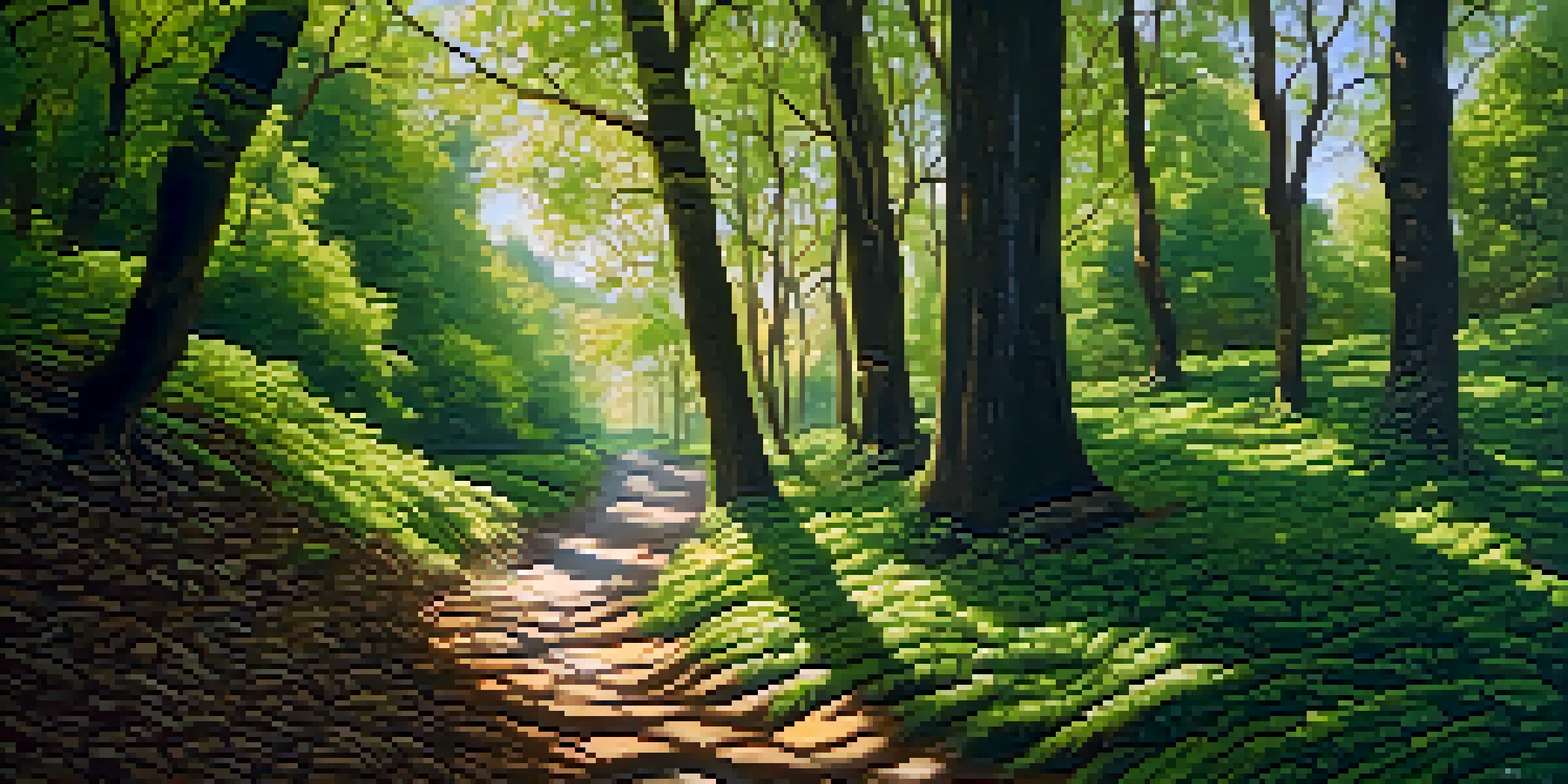 A winding path in a green forest with sunlight filtering through leaves, featuring a person walking, representing resilience.