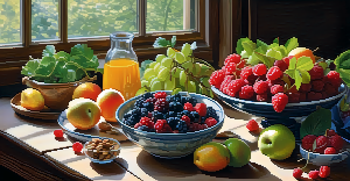 A table filled with an assortment of healthy foods, including fruits, vegetables, and nuts, illuminated by natural light.