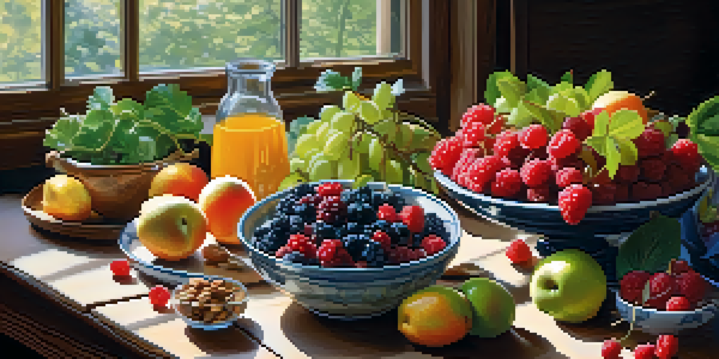 A table filled with an assortment of healthy foods, including fruits, vegetables, and nuts, illuminated by natural light.