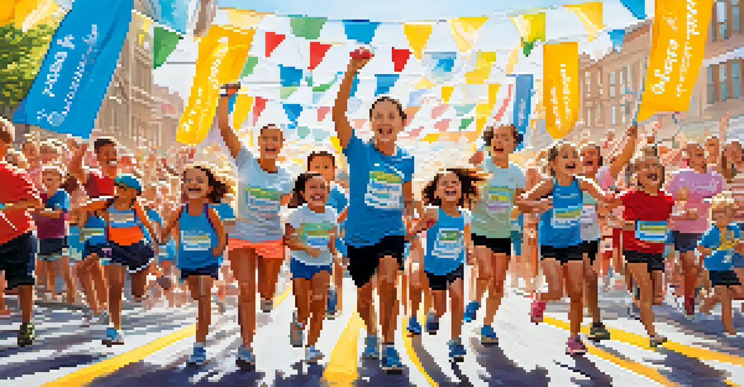 A family crossing the finish line at a charity run, celebrating together.