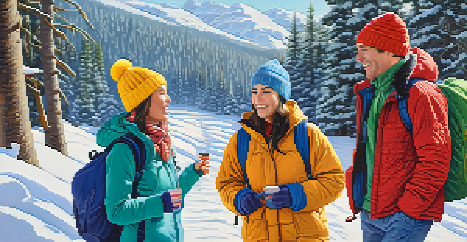 A group of friends hiking in a snowy landscape, enjoying the winter outdoors together.
