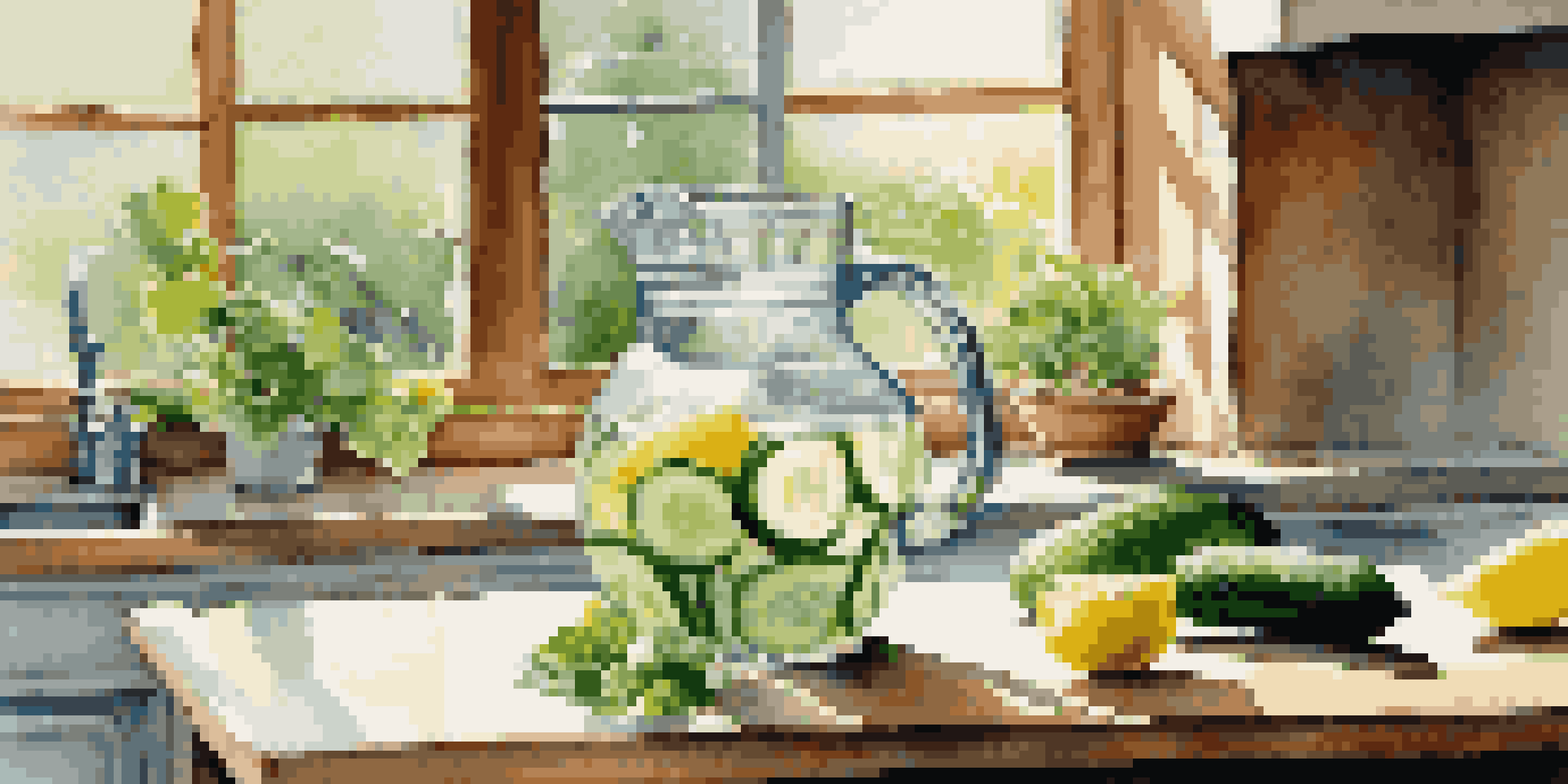 A glass pitcher filled with water surrounded by cucumber, lemon, and mint on a wooden table in a sunlit kitchen.