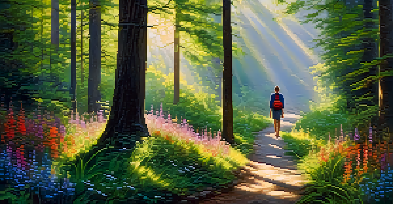 A forest path with trees and wildflowers, with a person walking in the sunlight.