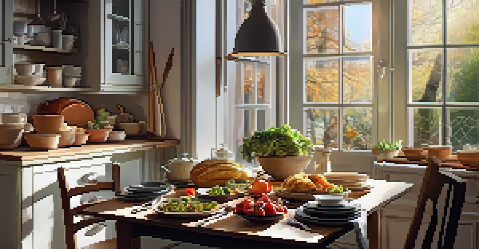 A cozy kitchen with a dining table set for a meal featuring seasonal dishes under warm sunlight.