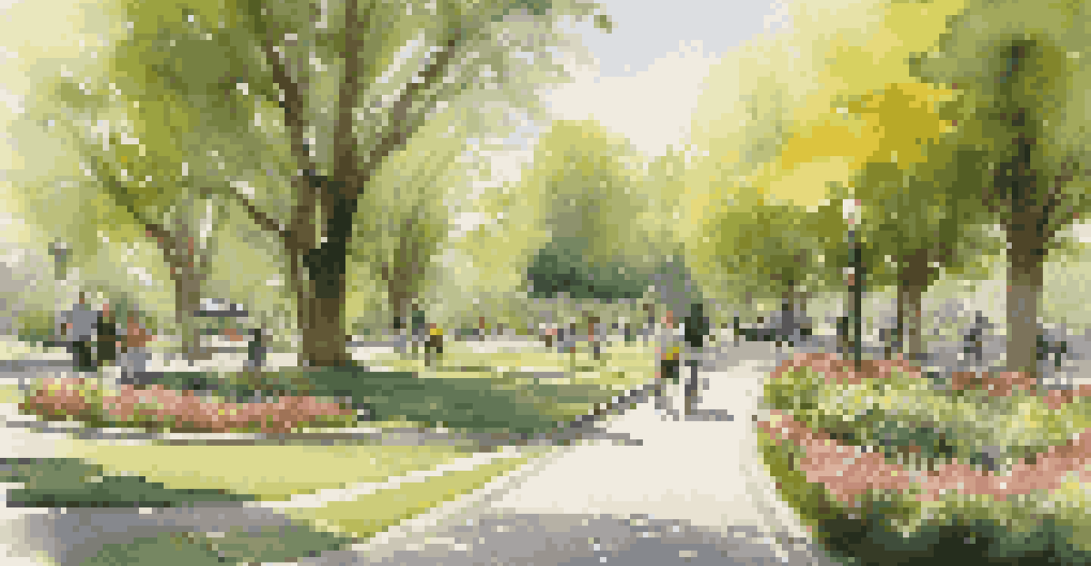 An urban park featuring walking paths and bike lanes with people exercising and enjoying nature.
