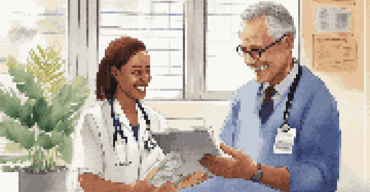 A healthcare professional discussing family health history with a patient in a bright clinic, showcasing a friendly atmosphere.