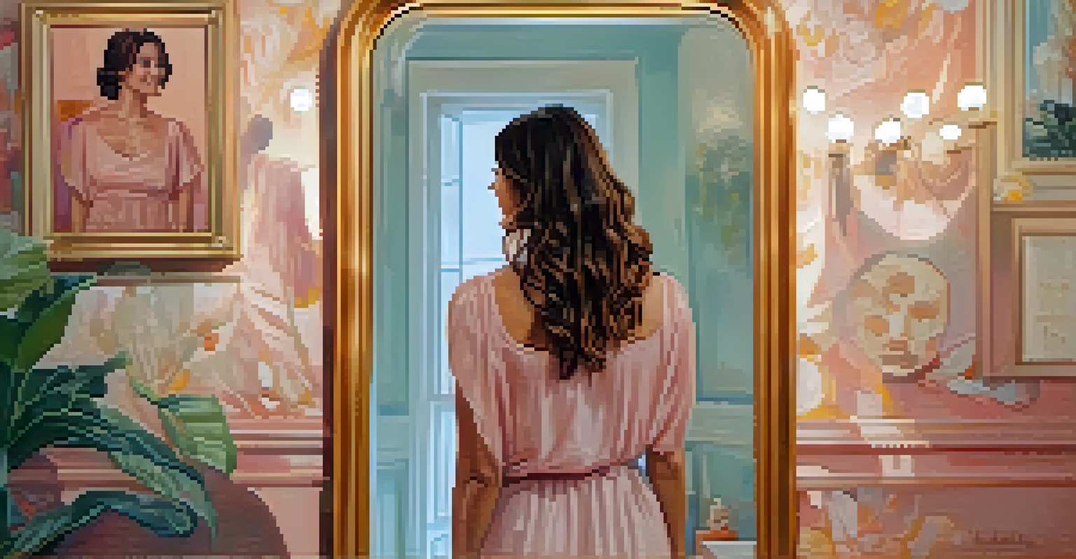 A woman smiling at her reflection in a mirror adorned with motivational quotes in a bright, airy room.