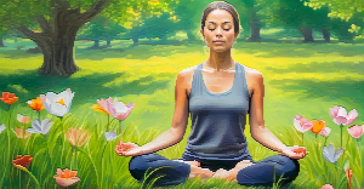 A close-up of a person practicing breath control on a yoga mat in a tranquil outdoor setting surrounded by greenery and flowers.