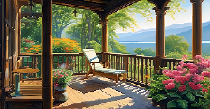 A person sitting on a porch with a cup of coffee, surrounded by greenery and flowers, enjoying a peaceful moment.