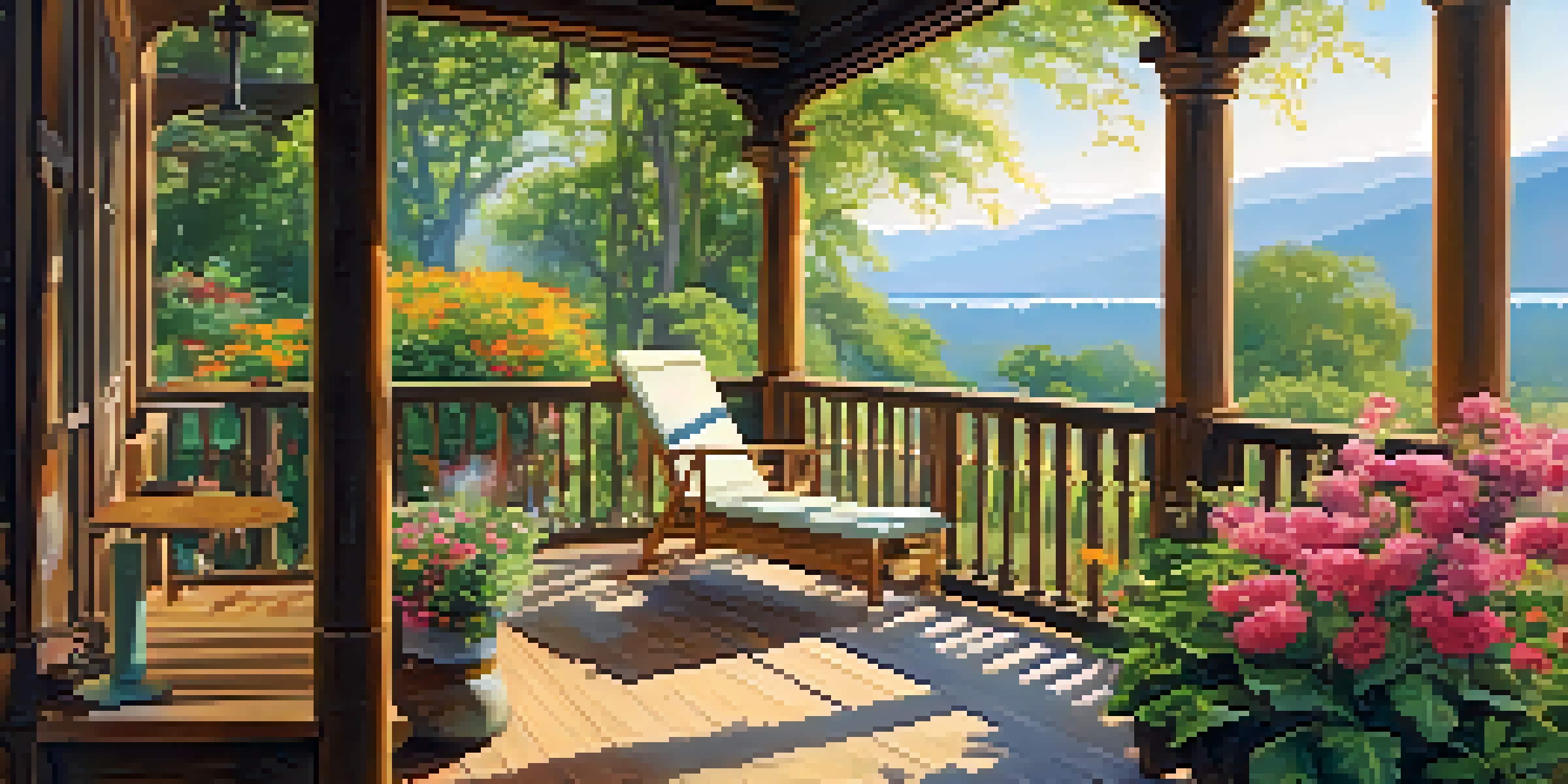 A person sitting on a porch with a cup of coffee, surrounded by greenery and flowers, enjoying a peaceful moment.