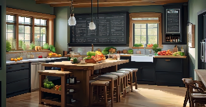 A well-organized kitchen showcasing a weekly meal plan with fresh vegetables, fruits, and lean proteins under warm lighting.