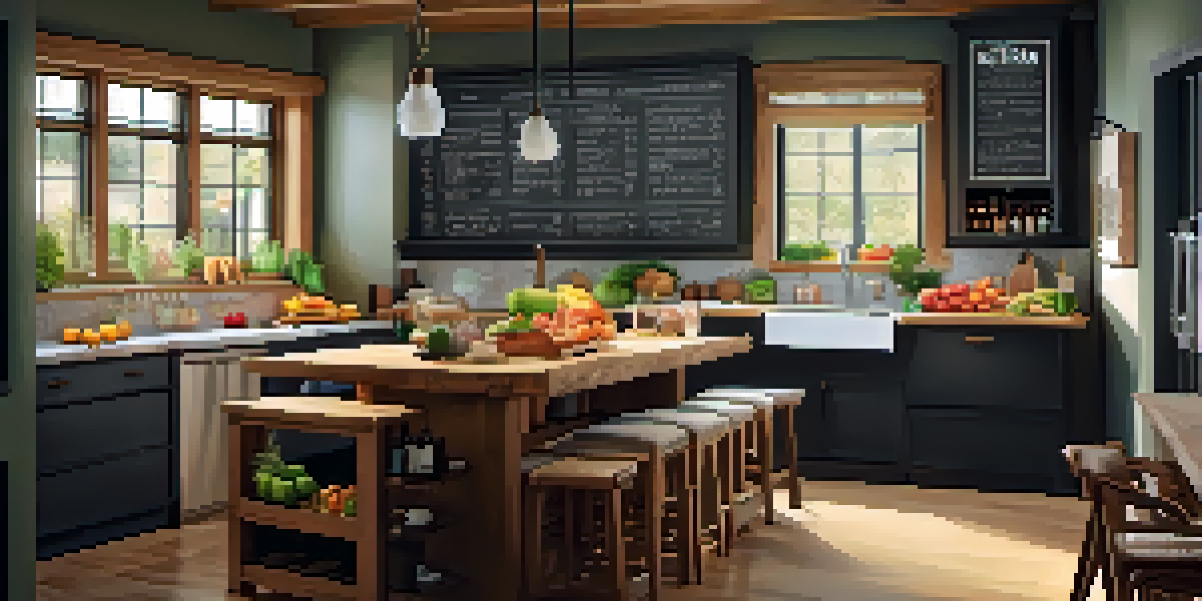A well-organized kitchen showcasing a weekly meal plan with fresh vegetables, fruits, and lean proteins under warm lighting.