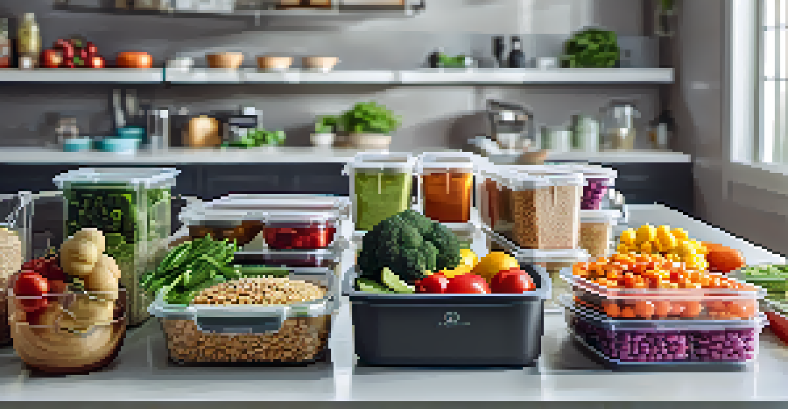 A close-up of a meal prep station with organized containers of healthy meals, surrounded by colorful vegetables and grains on a clean countertop.