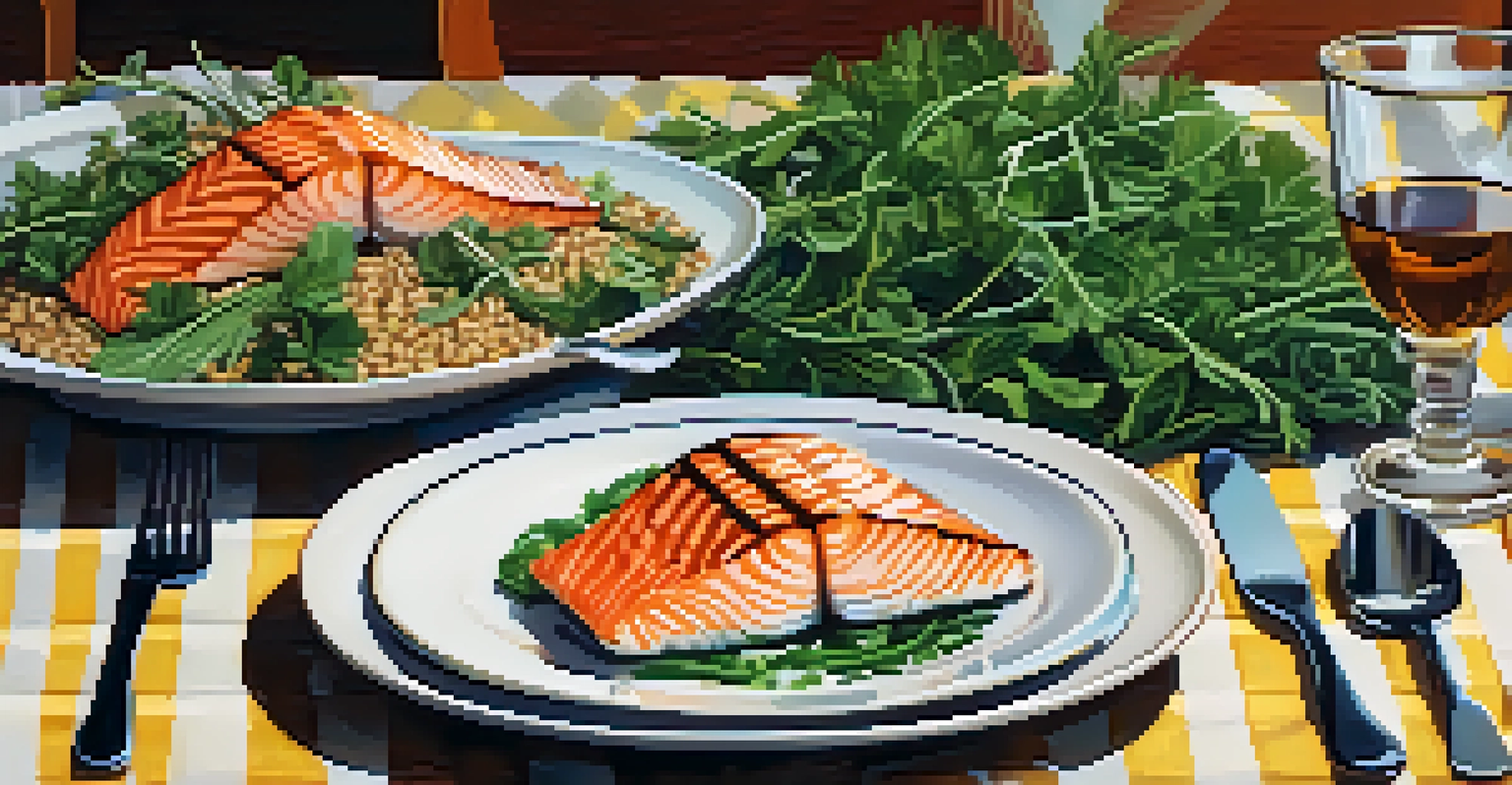 An elegant dining table set with a plate of healthy food, including grains and salmon, alongside a glass of herbal tea in a softly lit atmosphere.