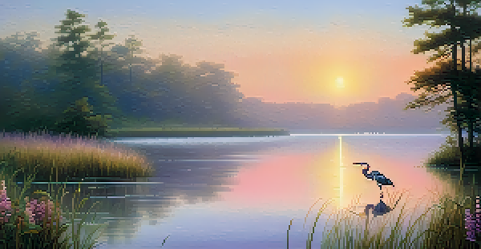 A peaceful sunrise over a tranquil lake with mist and greenery, featuring a heron by the water's edge.