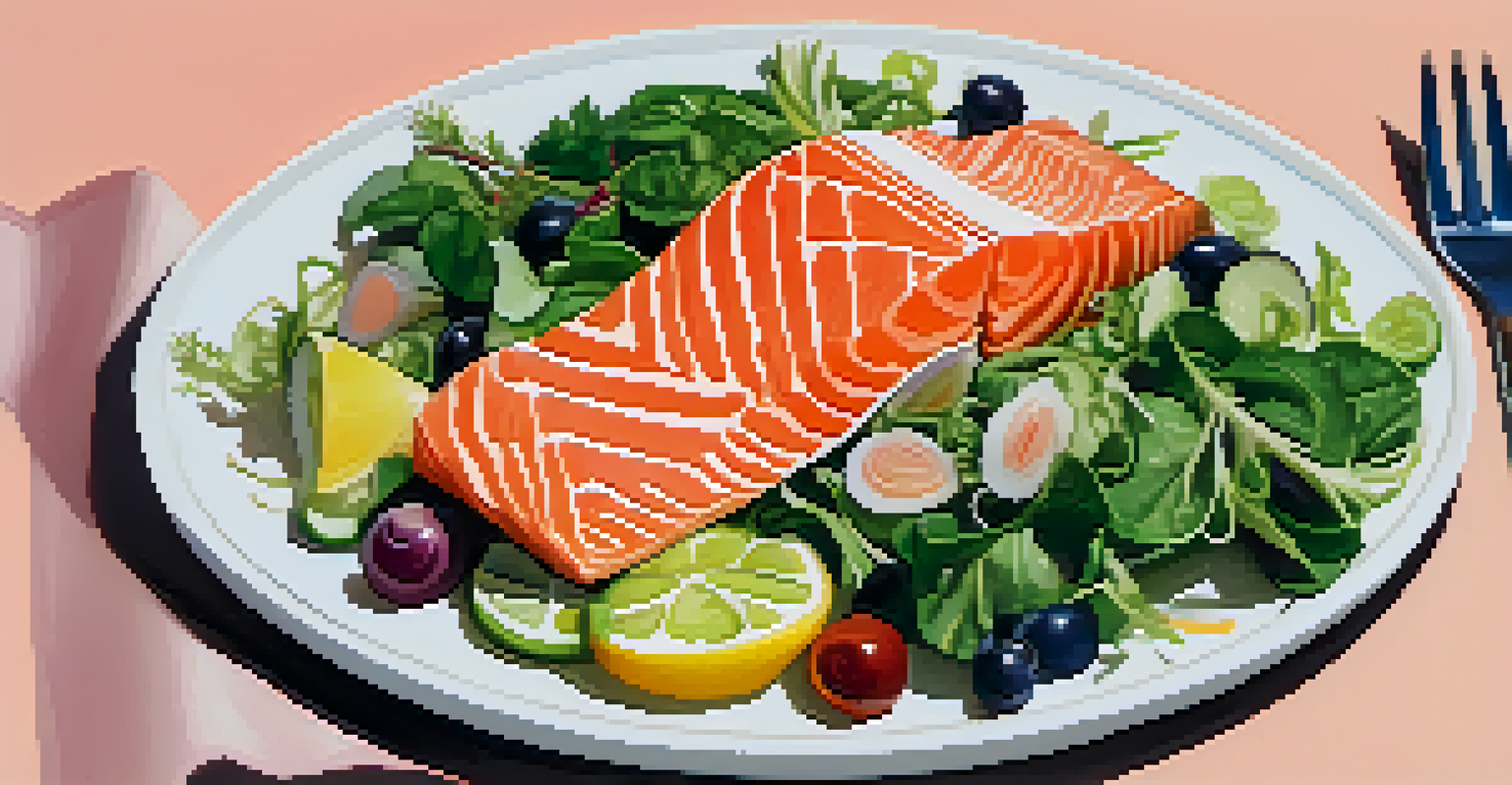 A beautifully arranged plate of healthy food for athletes, featuring salmon, greens, and colorful vegetables, illuminated by natural light.