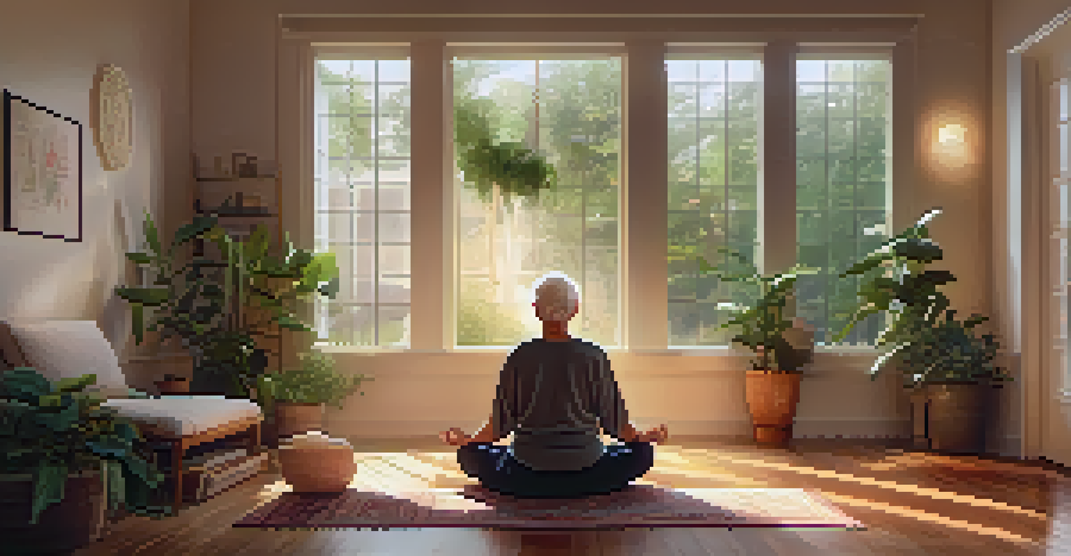 A tranquil indoor space with an older adult meditating, surrounded by plants and soft lighting, conveying a sense of peace and mindfulness.