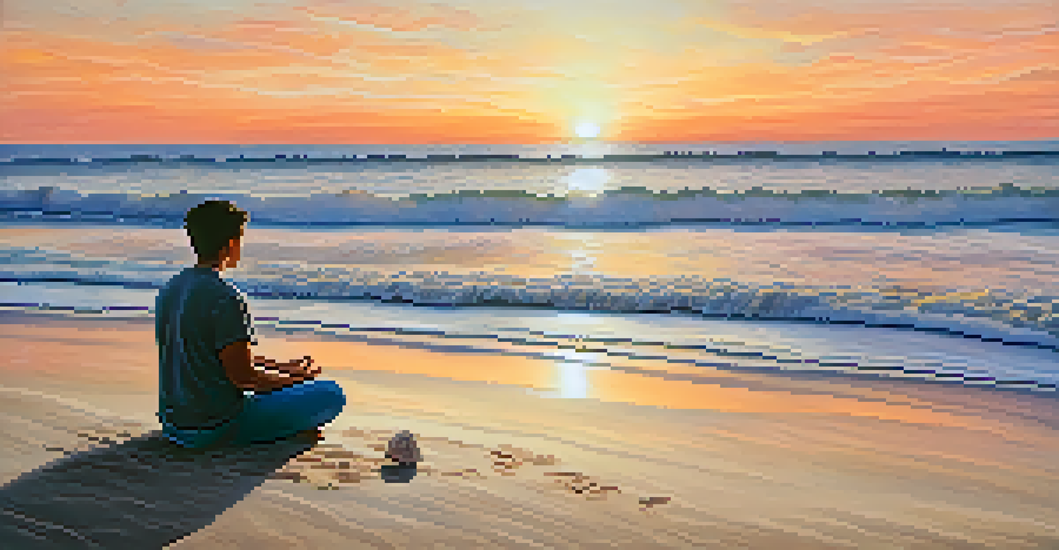 A serene beach at sunset with a person meditating on the sand, surrounded by seashells and soft waves.