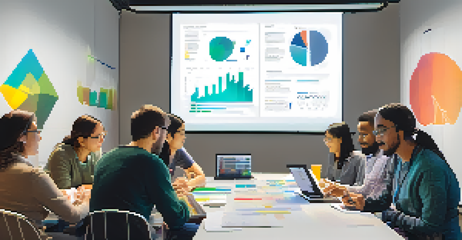 A close-up of a community workshop with individuals collaborating on data visualization, surrounded by charts and laptops.