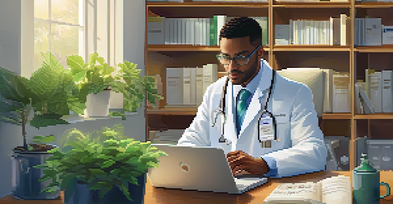 A healthcare professional explaining health information to a patient in a cozy office setting with a laptop and plants.