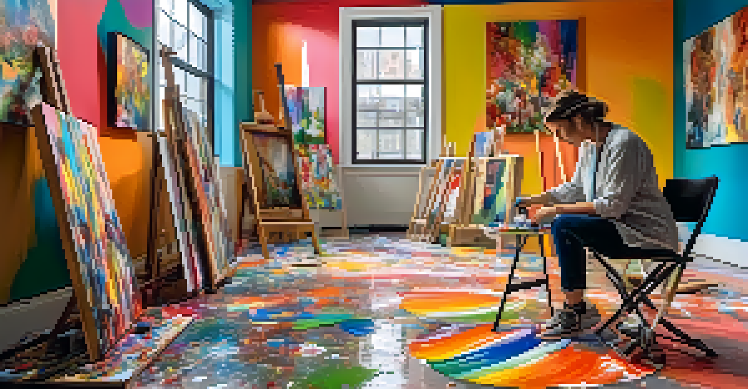 An artist painting on a canvas in a colorful studio filled with artworks and bright natural light.