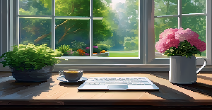 A bright and peaceful workspace with a laptop, tea, and a view of a garden outside the window.