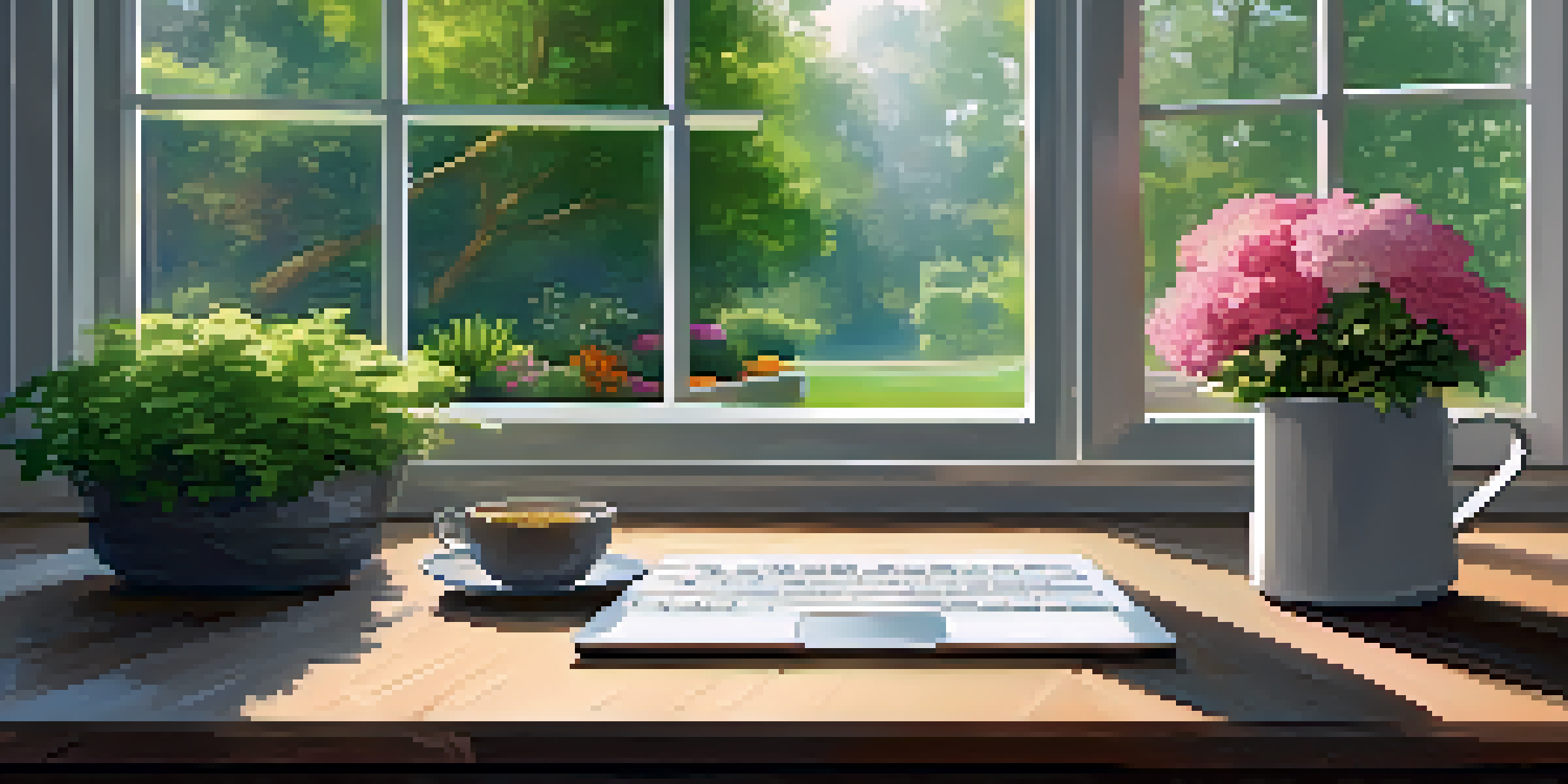 A bright and peaceful workspace with a laptop, tea, and a view of a garden outside the window.
